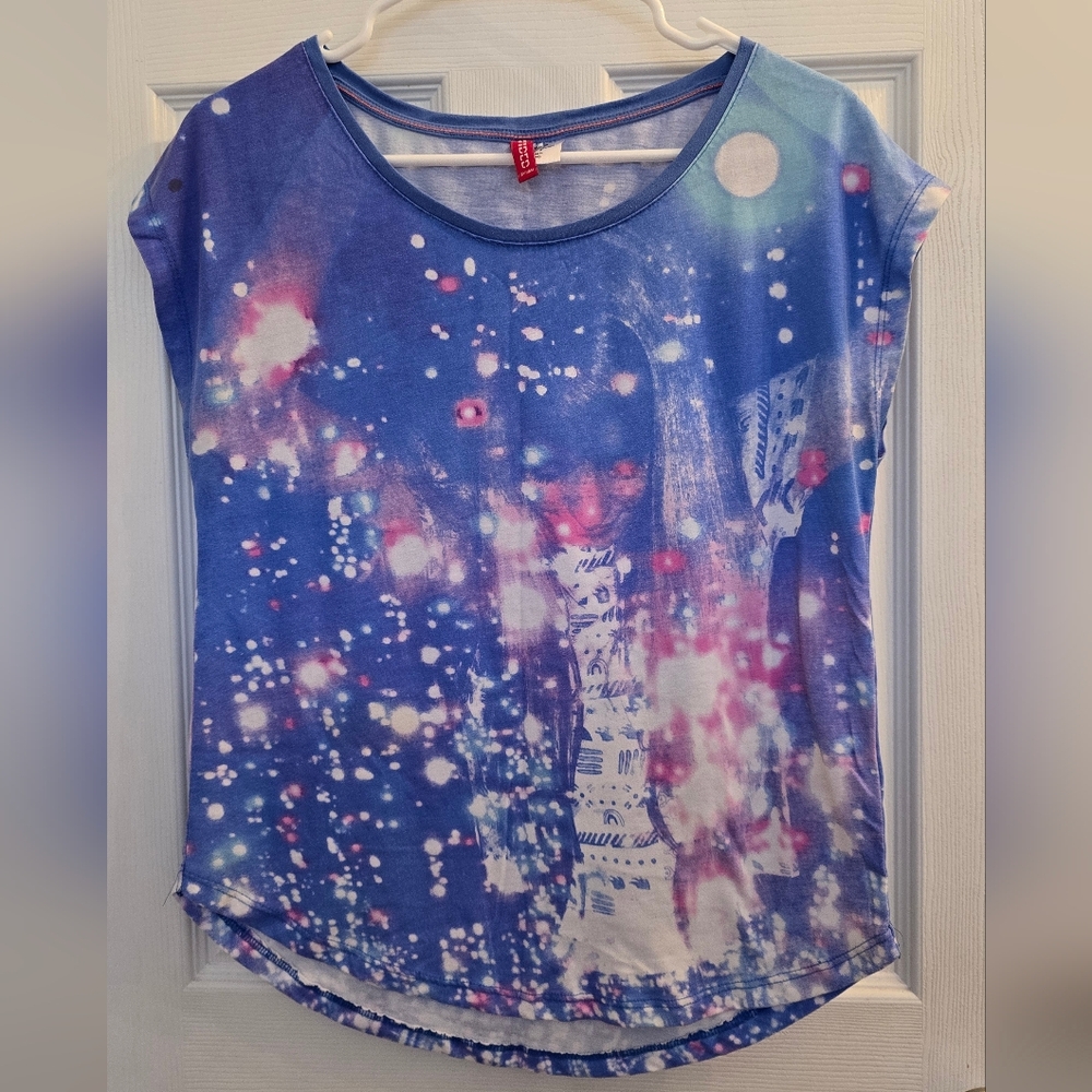 H&M Blue & Pink Short Sleeve Graphic Scoop Neck Top